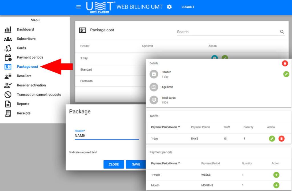 Package Cost – Tariff and Subscription Pricing Management The Package Cost module in the UMT Web Billing Management System for DVCrypt CAS provides administrators with precise control over subscription pricing, payment periods, and package configurations. This section connects billing logic with subscriber access rights, allowing operators to define how much each TV or IPTV package costs and how often it renews. Overview The Package Cost dashboard displays all available service packages, their associated tariffs, and the corresponding billing periods. Operators can use the search bar to locate specific packages, view their duration, or adjust pricing plans in real time. Example entries: Payment Period Package Name Tariff Type 1 day Standard Premium This layout allows for quick comparison between different subscription tiers and time-based billing options. Package Details View Selecting a package opens a detailed configuration panel that contains all the technical and financial parameters of the service. Field Description Header* The display name of the package (e.g., 1 day, Standard, Premium). This field is required. Details Header A brief description of the package or its duration label (e.g., 1 day access). Age Limit Defines content access restrictions based on age (if applicable). Total Cards Shows how many subscriber cards are currently assigned to this package (e.g., 1506). Tariffs Displays the list of available payment options or rates linked to this package. Payment Period Name Indicates the billing interval applied to this tariff (e.g., 1 day). Payment Unit The unit of time – Days, Weeks, or Months. Tariff The price for the selected payment period (e.g., 1 $). Quantity Defines how many time units are included in this package (e.g., 1 day). Action Options to edit, update, or remove the package configuration. Key Features and Benefits • Flexible Pricing Structure: Define multiple tariffs for each package – e.g., daily, weekly, or monthly access. • Real-Time Cost Management: Update pricing or durations instantly without affecting active subscriptions. • Integrated with Billing Periods: Automatically linked to the “Payment Periods” module for consistent renewal logic. • Scalable System: Manage hundreds of packages and thousands of active cards efficiently. • Reporting and Analytics: Track total cards, active users, and revenue by package level. Summary The Package Cost module is the backbone of the UMT Web Billing System’s pricing architecture. It allows service providers to configure and adjust subscription plans, payment intervals, and tariff amounts with precision. By combining package flexibility, automated billing, and real-time data synchronization with DVCrypt CAS, operators can easily maintain transparent, scalable, and customer-friendly pricing structures for any digital TV or IPTV service. 