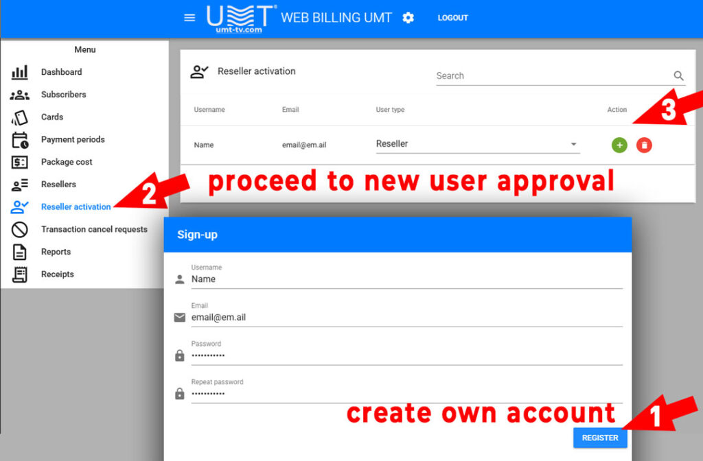 Reseller Activation – Account Approval and Access Control The Reseller Activation module in the UMT Web Billing Management System for DVCrypt CAS is designed to manage the approval process for new reseller accounts and control access levels within the system. This ensures that only verified and authorized partners can sell subscriber cards and manage packages. Activation Dashboard Overview The main Reseller Activation page lists all pending or newly created reseller accounts, providing administrators with the ability to review, approve, or reject each account before granting access. Column Description Username The login name chosen by the reseller or partner. Email The contact email used for account registration and communication. User Type Specifies the type of account – Administrator, Reseller, or Manager. Action Provides the options to approve or deny account activation. Name Displays the full name of the reseller for easy identification. Functional Features • Approval Workflow: Administrators can quickly review new reseller requests and grant or deny system access. • User Type Assignment: Define the role of each approved account (Administrator, Reseller, Manager) to control system permissions. • Real-Time Updates: Account status updates are reflected immediately across the system, enabling resellers to start operations without delays. • Account Verification: Helps prevent unauthorized or duplicate reseller accounts, ensuring security and integrity of the billing system. Benefits • Maintains a secure and verified reseller network. • Provides centralized control over all new reseller accounts. • Reduces risk of fraud or unauthorized access. • Simplifies onboarding of new partners into the billing ecosystem. Summary The Reseller Activation module is a key part of the UMT Web Billing System, giving administrators full control over which resellers are approved and what roles they are assigned. By combining account verification, role management, and real-time updates, this module ensures a secure and efficient onboarding process for all partners in the DVCrypt CAS network. 