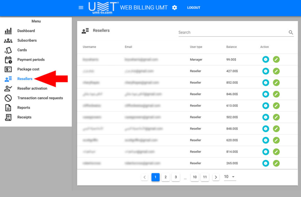 Resellers – Partner and Distribution Management The Resellers module in the UMT Web Billing Management System for DVCrypt CAS is designed for managing external partners, distributors, or local agents who sell and support subscriber services. It provides a centralized dashboard to monitor reseller accounts, track balances, and control their assigned subscriber cards and pricing policies. ________________________________________ 🧾 Resellers Overview The main Resellers page lists all active reseller accounts in a structured table format. Column Description Username Unique login name used by the reseller to access their account. Email The reseller’s registered contact email (used for notifications, verification, and correspondence). User Type Defines the reseller’s role or access level in the system. Balance Displays the reseller’s current account balance in the billing system. Action Provides options to view details, edit, or deactivate the reseller account. This summary allows administrators to quickly identify active resellers, check balances, and manage account operations in real time. ________________________________________ 🔍 Reseller Details View Selecting a reseller opens the Details window, displaying full partner information and account settings. Field Description Name / Surname The full name of the reseller (e.g., Bryce Harris). Status Indicates whether the reseller account is Active or Inactive. Cards Prefix A unique numerical prefix assigned to the reseller (e.g., 016) for automatic card numbering and tracking. Status Verification Confirms whether the reseller’s account is verified and authorized to operate (Active Verification). Balance The current amount of available funds in the reseller’s account (e.g., 99 $). Credit The amount of credit extended to the reseller (e.g., 0 $). Card Price The default price per subscriber card sold by this reseller (e.g., 0 $). Email Contact email for communication and account recovery (e.g., bryceharris@gmail.com). Phone Contact phone number (e.g., (905) 461-4714). Address Full mailing or business address (e.g., 674 Lauren Cliff East, Brandonview, LA 60405). Zone Geographic or operational zone assigned to this reseller. Comment Optional administrative notes or remarks about the reseller’s performance, terms, or history. ________________________________________ 💼 Functional Capabilities • Account Management: Create, edit, or suspend reseller accounts with defined prefixes and access levels. • Balance Tracking: Monitor reseller credits, payments, and transactions in real time. • Hierarchical Access: Assign sub-resellers or agents under a parent reseller if required. • Card Allocation: Control which subscriber cards or packages each reseller can sell or activate. • Automated Accounting: The system automatically updates reseller balances when subscribers renew or purchase services. ________________________________________ 💡 Benefits • Streamlines management of multiple resellers across different regions. • Ensures transparency between main operators and partners. • Reduces manual accounting through built-in balance automation. • Enables scalable growth of the Pay TV or IPTV business via verified distributors. ________________________________________ 🧠 Summary The Resellers module is an essential component of the UMT Web Billing Management System for DVCrypt CAS, offering full control over the partner network. It enables operators to manage reseller accounts, balances, and assigned cards with precision while maintaining a transparent, multi-level sales structure. Through real-time monitoring and flexible automation, the platform ensures seamless cooperation between operators, resellers, and subscribers within a unified billing ecosystem. 