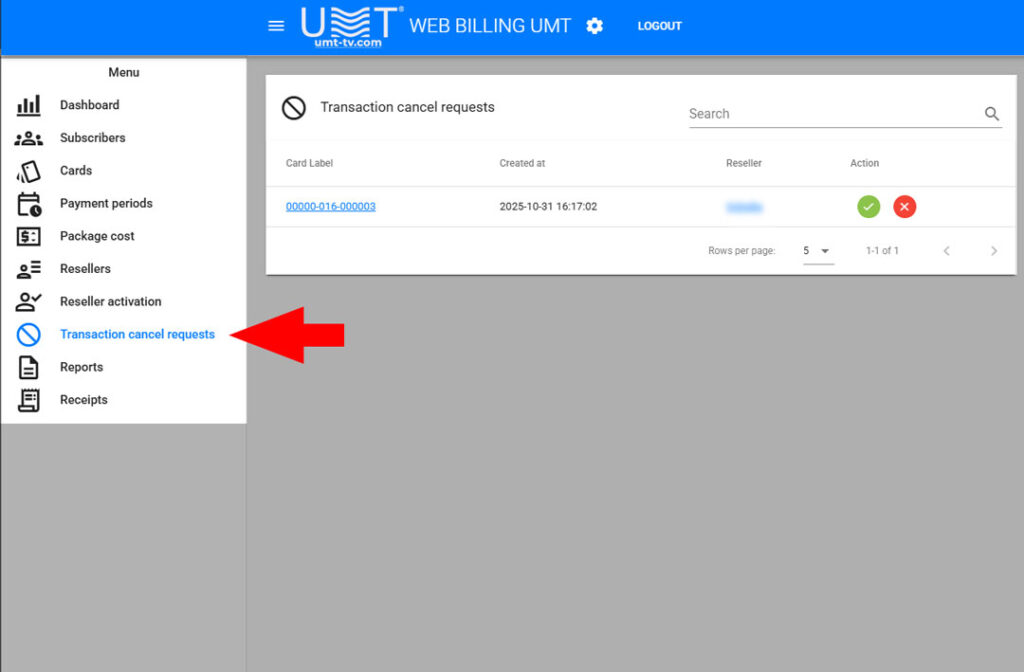 Transaction Cancel Requests – Managing Refund and Reversal Requests The Transaction Cancel Requests module in the UMT Web Billing Management System for DVCrypt CAS allows administrators and resellers to manage requests for reversing or canceling transactions. This ensures transparent handling of subscriber refunds, corrections, or disputed payments while maintaining accurate billing records. Dashboard Overview The Transaction Cancel Requests page provides a clear overview of all pending and processed cancellation requests. Each request includes key information about the card, reseller and creation timestamp. Column Description Card Label The unique identifier of the subscriber card for which the cancellation is requested (e.g., 00000-016-000003). Created At Timestamp indicating when the cancellation request was submitted (e.g., 2025-10-31 16:20:43). Reseller The reseller account that submitted the cancellation request. Action Administrator options to approve, reject, or process the request. Name Name of the reseller associated with the transaction. Functional Features • Request Tracking Monitor all pending, approved, or rejected transaction cancel requests in a single dashboard. • Real-Time Updates Once a cancellation is processed, the system updates balances, card status, and transaction records immediately. • Reseller Management Track which reseller submitted the request and control approvals to prevent abuse or errors. • Audit Trail Maintains a detailed log of all cancellation activities for reporting and accountability. Benefits • Ensures accurate and transparent handling of subscriber refund requests. • Reduces errors and potential disputes between operators, resellers, and subscribers. • Provides full administrative control over transaction reversals. • Maintains trust and reliability in the billing and subscription system. Summary The Transaction Cancel Requests module streamlines the process of managing subscriber refund or reversal requests, ensuring that all cancellations are tracked, verified, and processed efficiently. By integrating reseller oversight, real-time updates, and audit logging, this module strengthens the reliability and transparency of the UMT Web Billing System for DVCrypt CAS. 