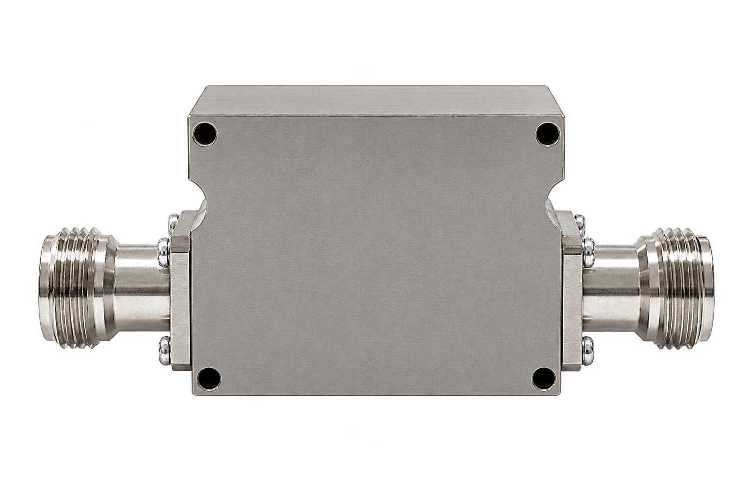 Rear view of the UMT L-band LNA housing with mounting holes and input/output connectors