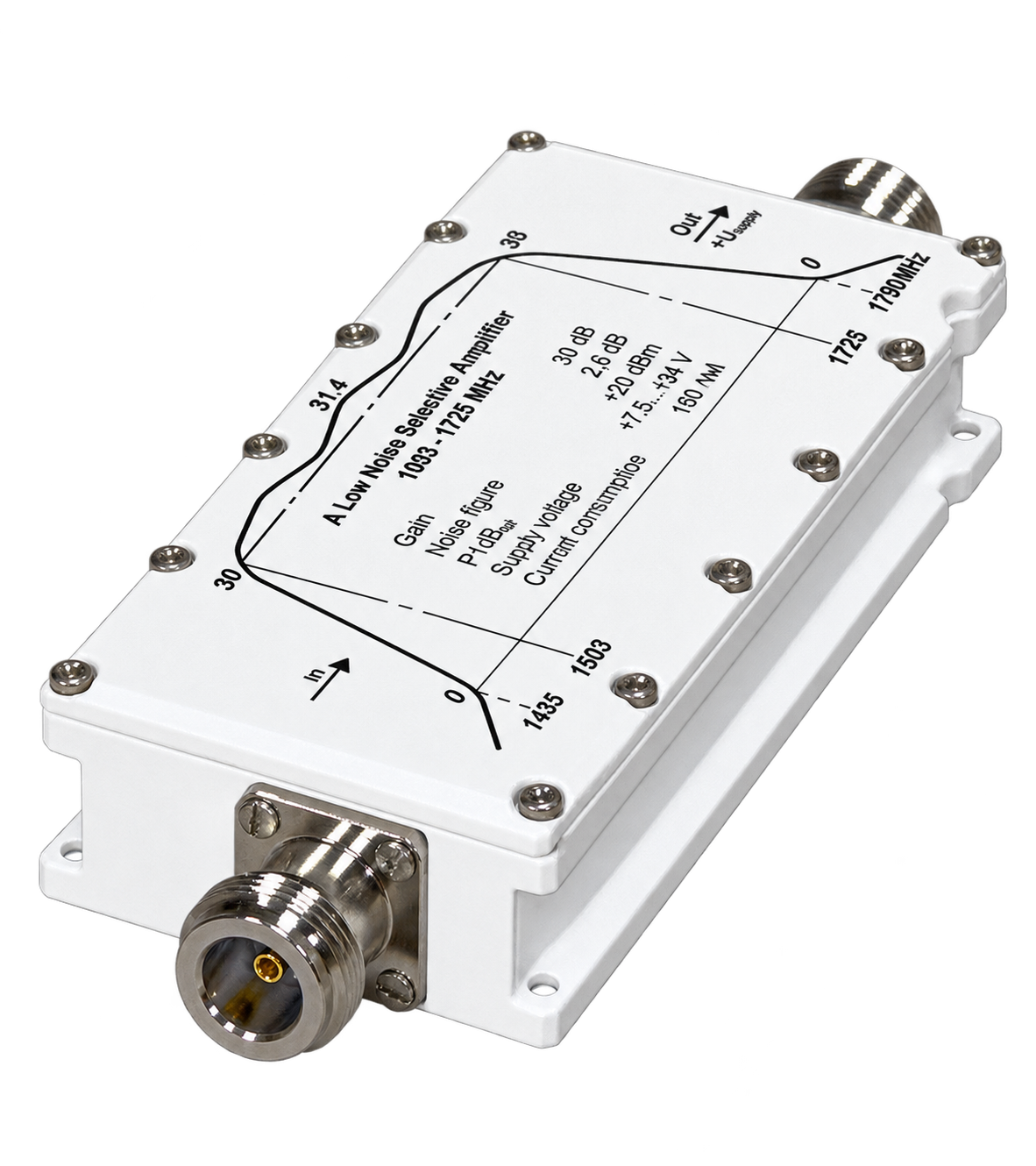 Vue de trois quarts du LNA en bande L avec filtre UMT montrant le connecteur RF et les pattes de fixation