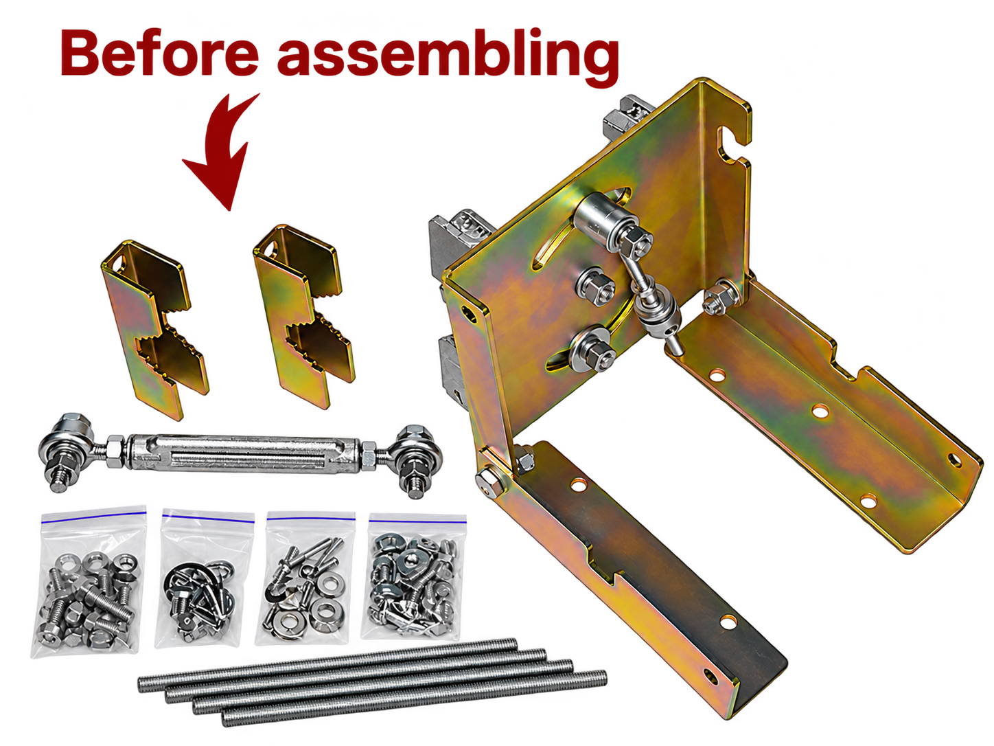 Mounting bracket parts of the UMT DRA-K06 0.6 m antenna, unassembled