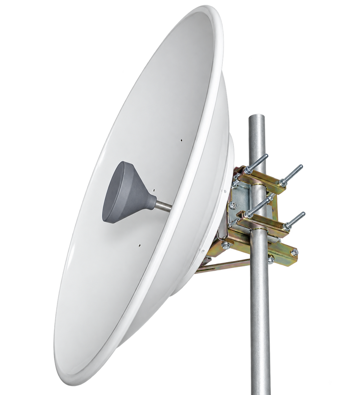 UMT DRA-Ku125 Cassegrain antenna on a vertical pipe mount, angled view