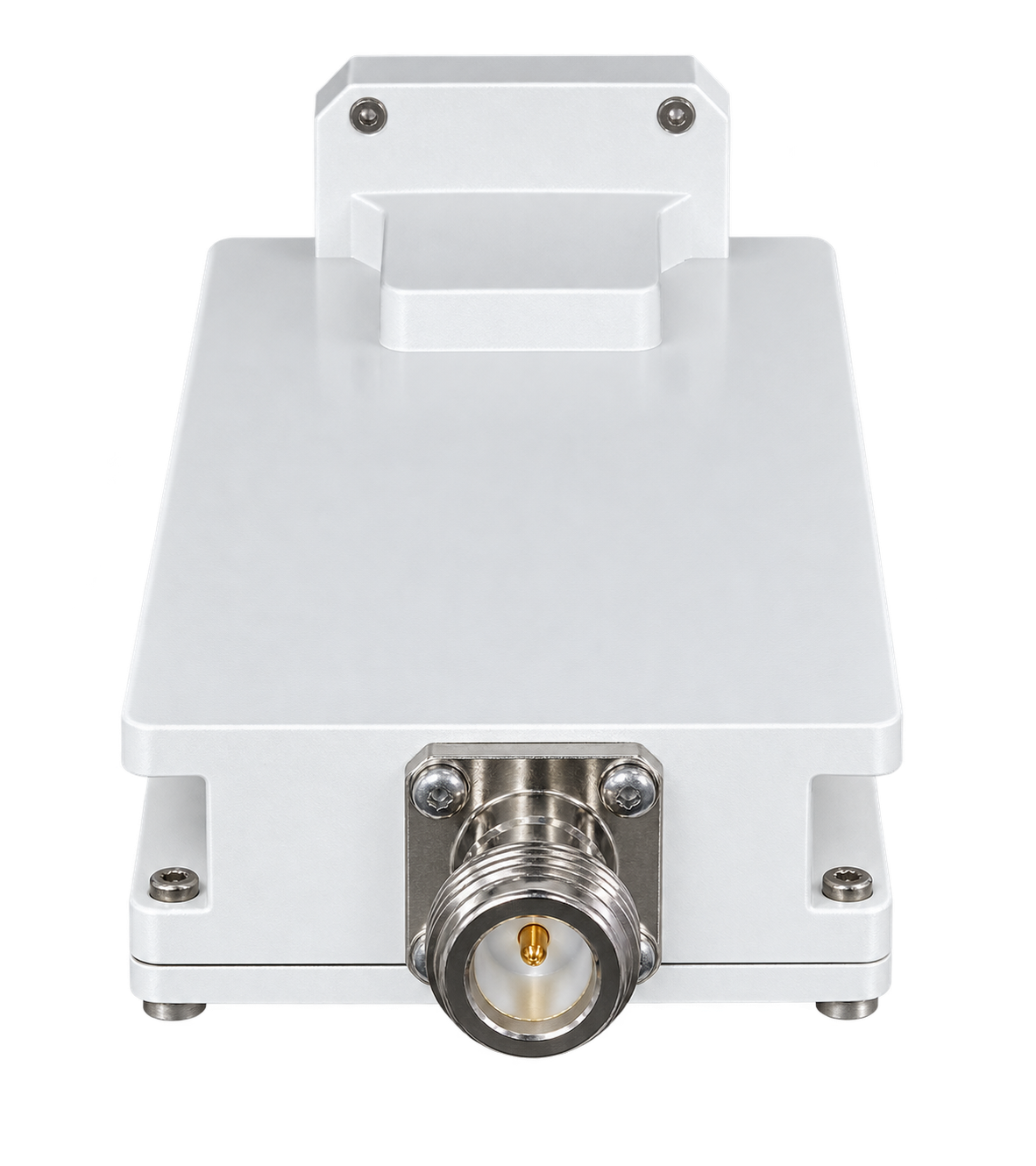منظر خلفي لمحوّل LNB PLL مع AGC من UMT بتردد LO 11.3 GHz مع موصل خرج N-type أنثى