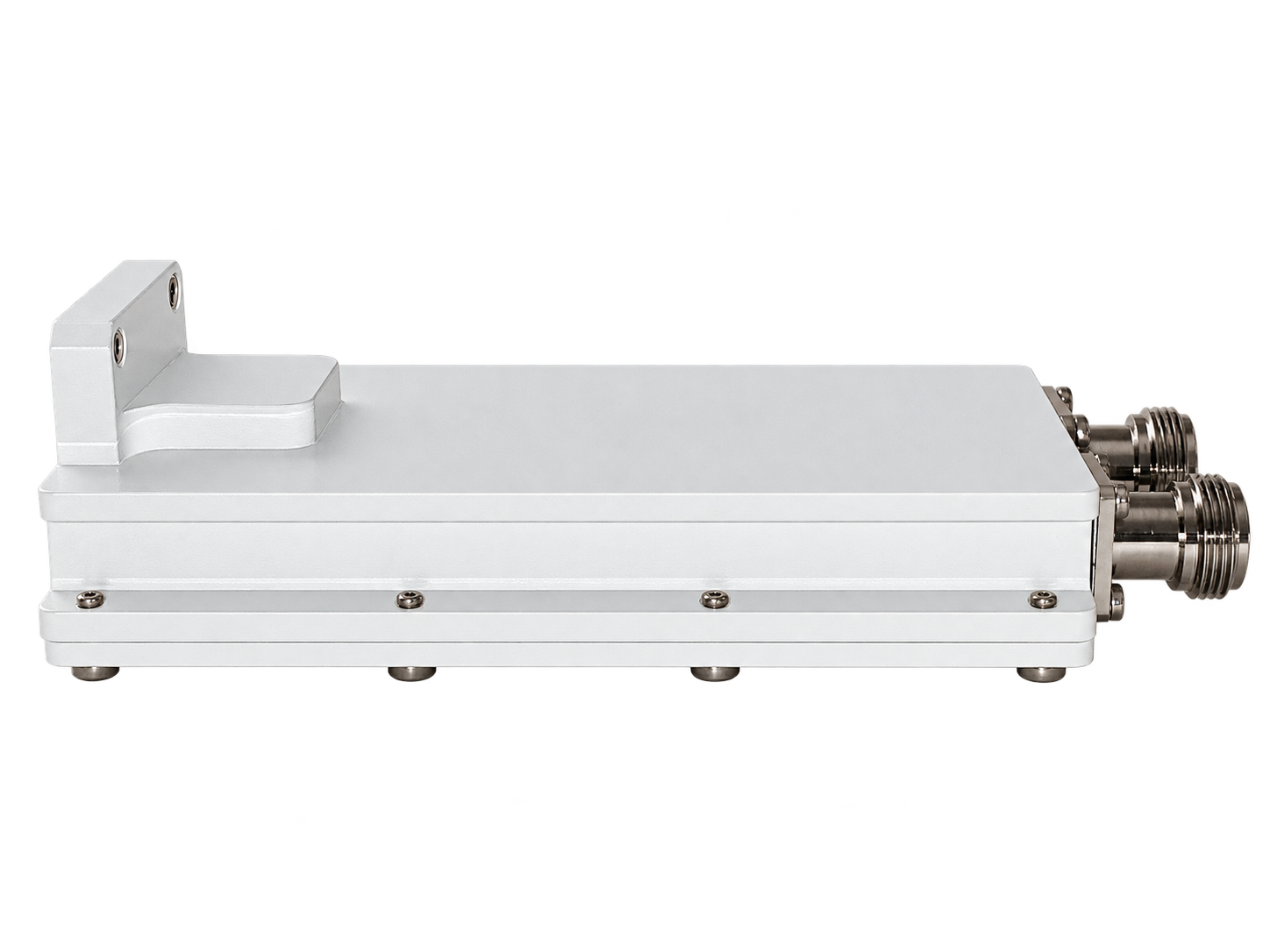 Vue latérale du LNB PLL UMT double LO 9.75 + 10.60 GHz v.2 avec support de fixation et deux sorties de type N