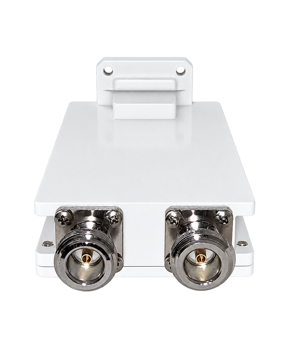 Rear view of the UMT PLL LNB dual LO v.2 with two N-type female 50 Ohm outputs for low and high band