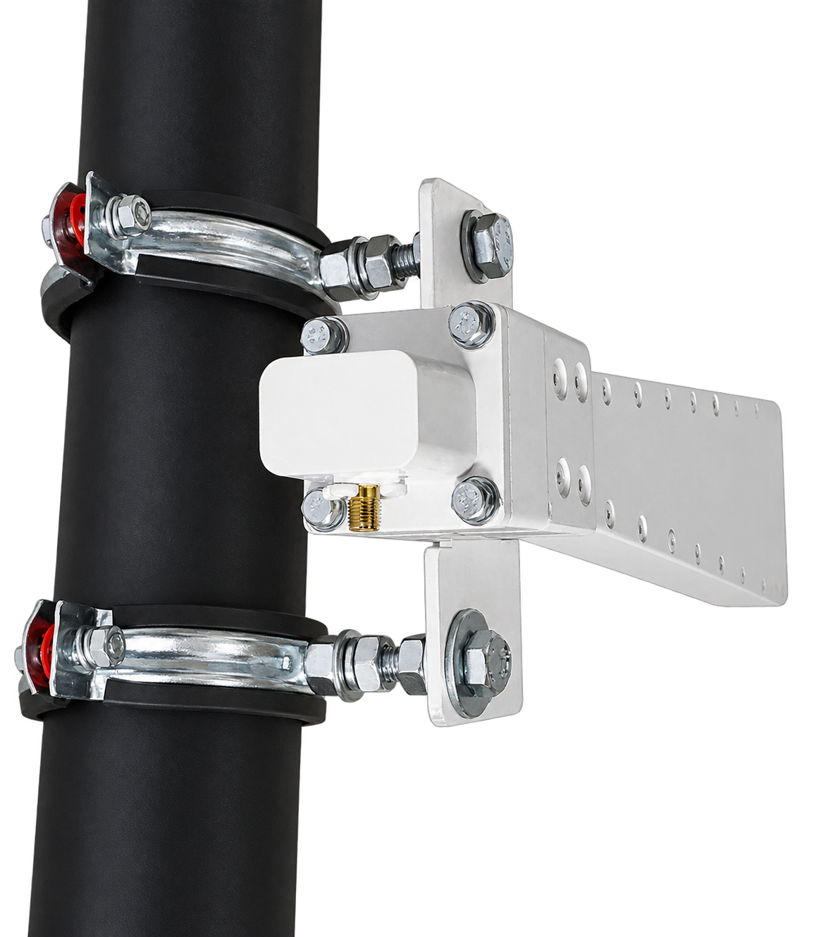 SSA-XV70 v1 X-band short sector antenna, mounted on pipe mast, rear view, 8–12 GHz, 12.2 dBi, vertical polarization