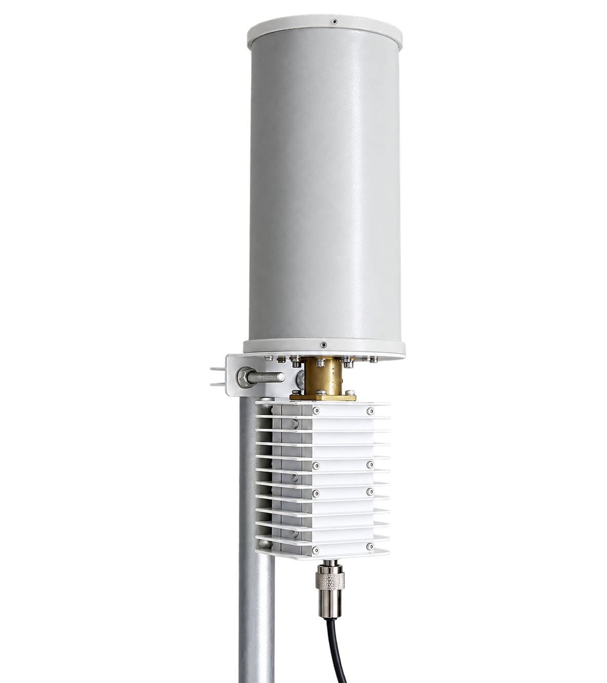 SWA-Ku360 v2 omnidirectional slotted waveguide antenna, mounted on pipe mast, 11.7–12.7 GHz, 11 dBi, linear horizontal or vertical (to order) polarization