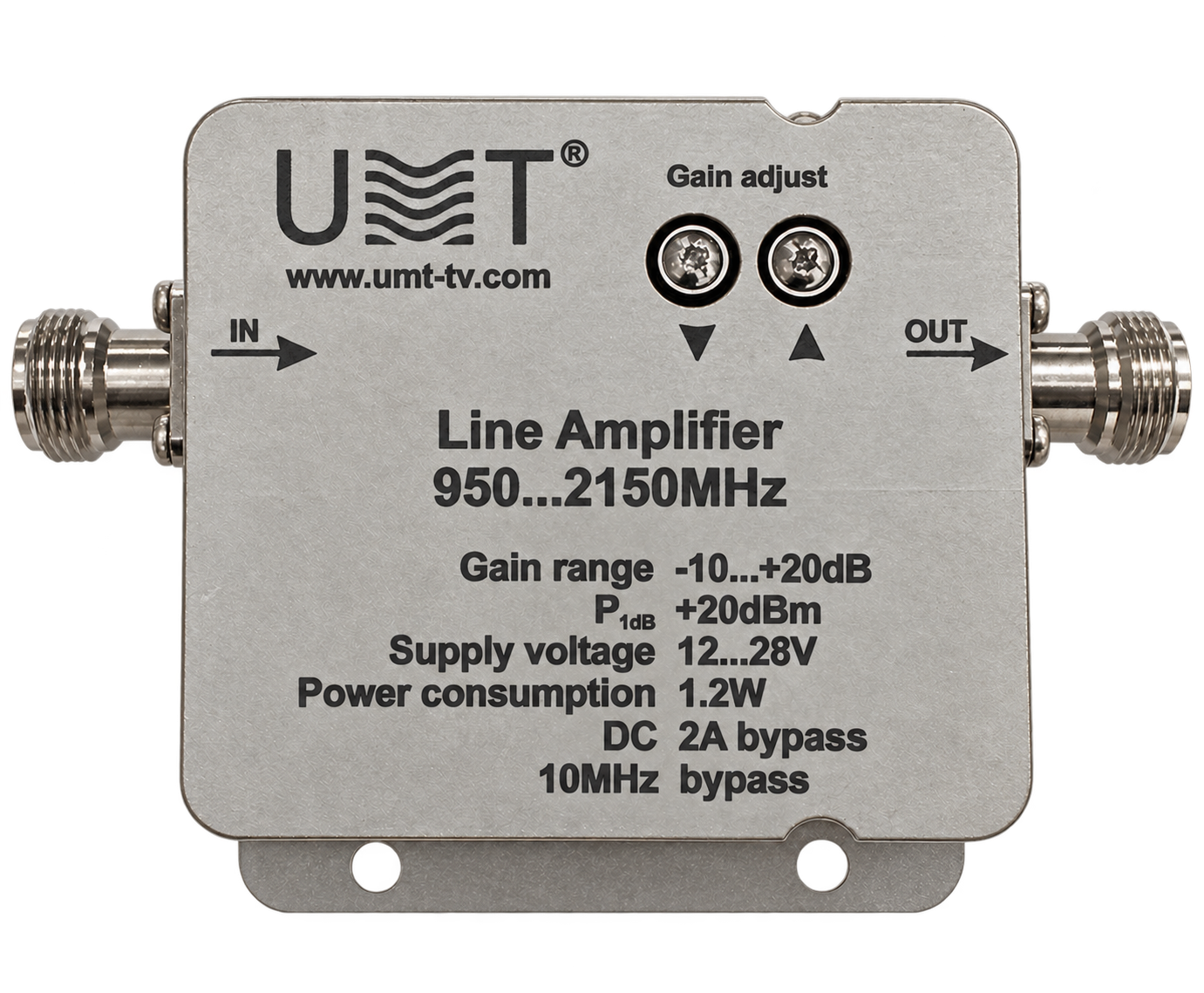 Top view of the UMT L-band amplifier with IN/OUT ports and gain adjust buttons